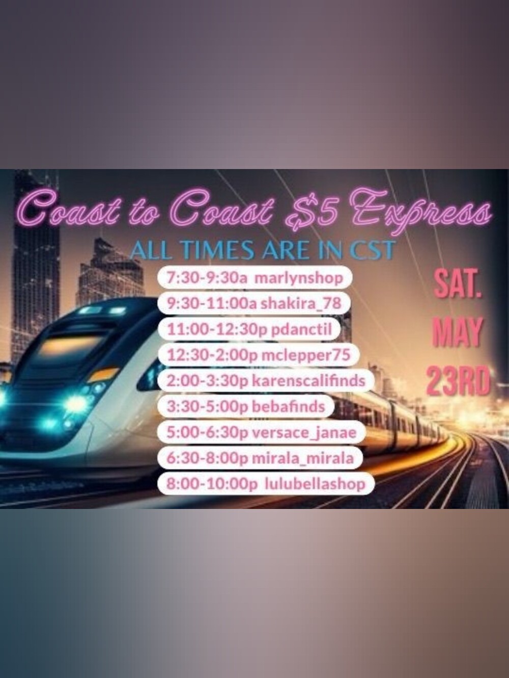 Coast to Coast $5 Express Train, Saturday May 23rd, 11:30am-1pm